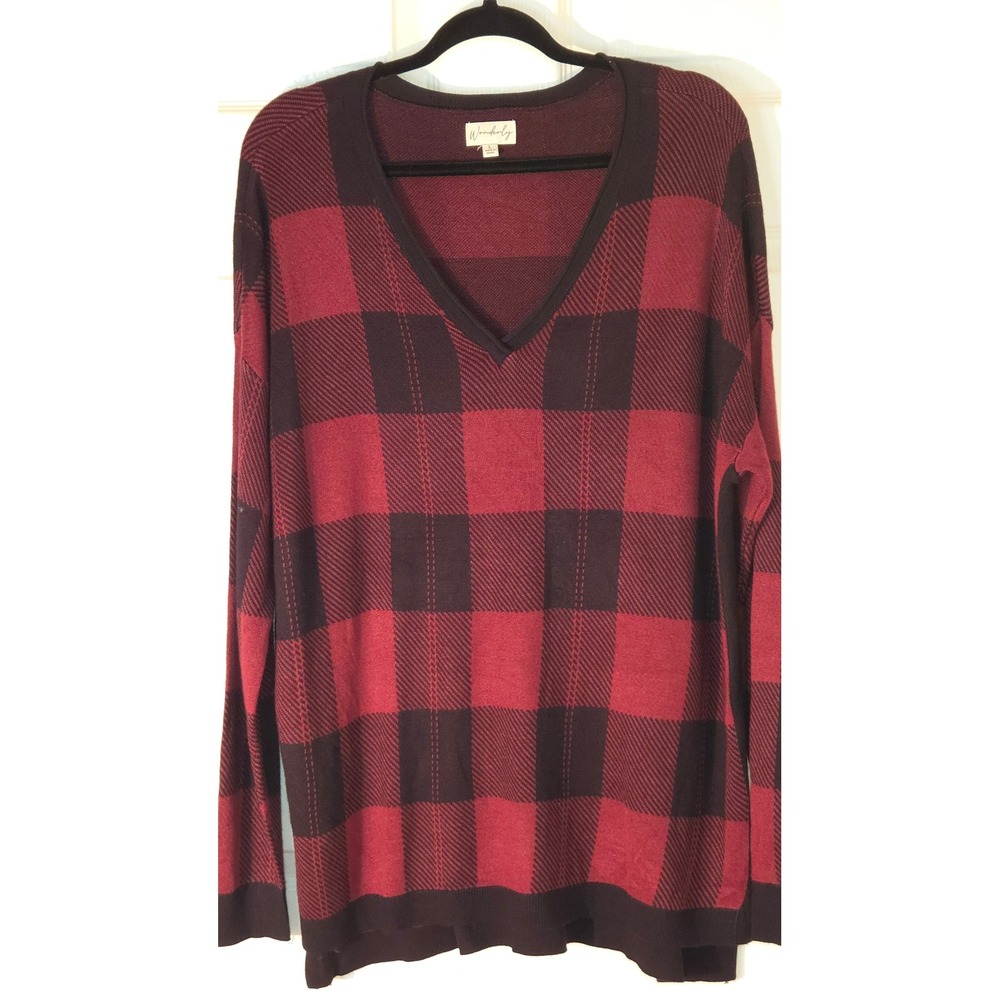 Wonderly Burgundy Black Buffalo Plaid V-Neck Sweater Large Drop Shoulder Slit